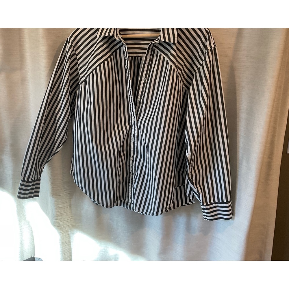 Maurice’s charcoal grey striped blouse.